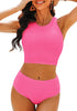 Hot Pink Women's High Waisted Two Piece Bikini Sets Textured High Neck Racer Back Swimsuits