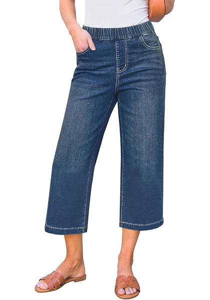 Nightfall Dark Wash Women's Denim Capri Elastic Waist High Waist Pant Pocket