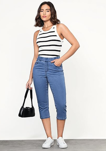 LookbookStore Timeless Blue Women's Denim Elastic Waist Pocket Regular Skinny Slim Straight Slims Classic Capri Jeans