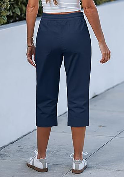 Women's Stretchy High Elastic Waist Wearable Tapered Short Cargo Capri Pants