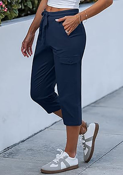 Women's Stretchy High Elastic Waist Wearable Tapered Short Cargo Capri Pants