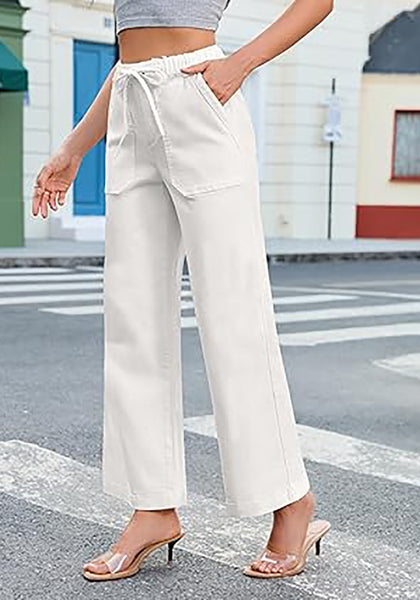Cream White Cropped Wide Leg High Waisted Drawstring Denim Jeans For Women