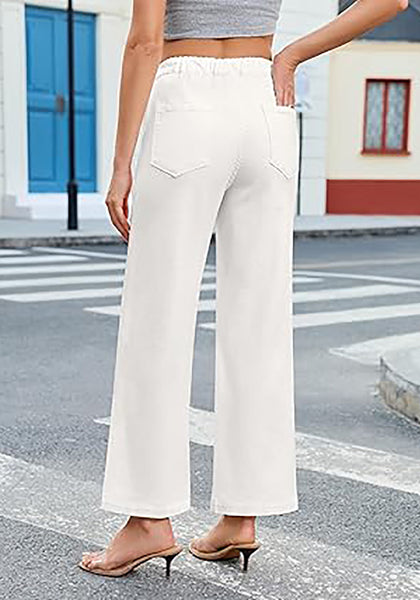 Cream White Cropped Wide Leg High Waisted Drawstring Denim Jeans For Women