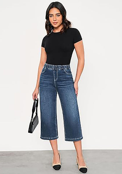 Nightfall Dark Wash Women's Denim Capri Elastic Waist High Waist Pant Pocket