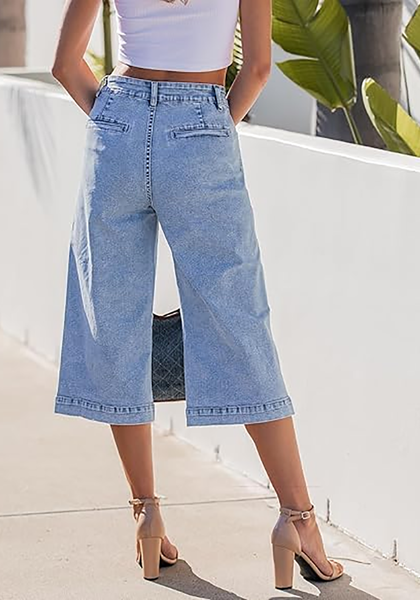 LookbookStore Women's Roadnight Blue High Waisted Wide Leg Capri Pants Stretchy Denim Jeans Side Seam Design Casual Summer Trendy Style