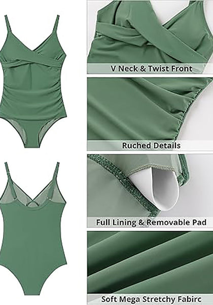 One Piece Swimsuit for Women Front Crisscross Ruched Adjustable Straps Padded Cups Swimming Suits
