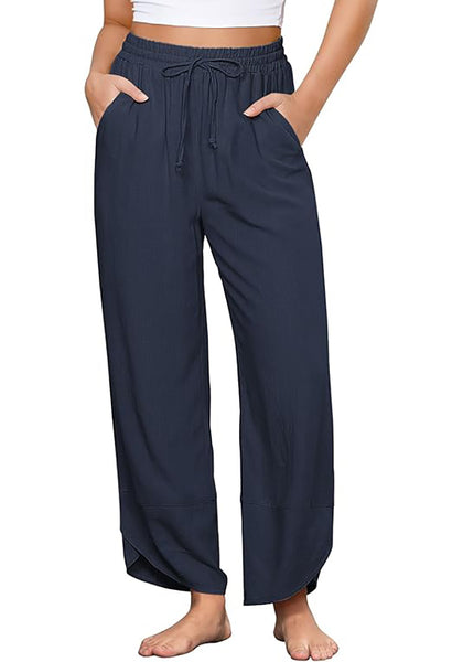 Navy Blue Women's Wide Leg Drawstring Harem Loose Permeable Palazzo Pant