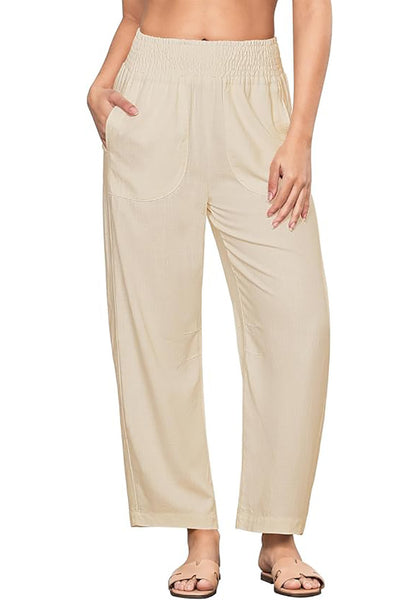 Light Beige Women's Casual High Waisted Lightweight Lounge Barrel Cropped Pants Soft Smocked Comfort Wear