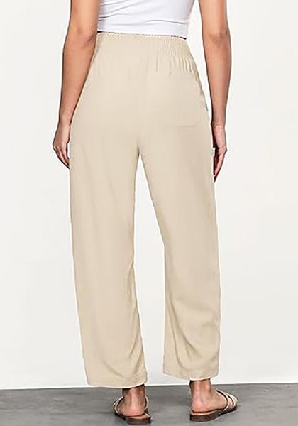 Light Beige Women's Casual High Waisted Lightweight Lounge Barrel Cropped Pants Soft Smocked Comfort Wear