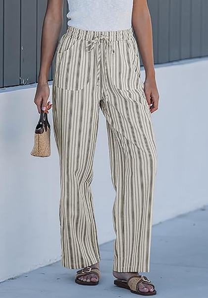 LookbookStore Light Beige Stripe High Waisted Wide Leg Pants for Women Drawstring Waist Casual Comfort Pants