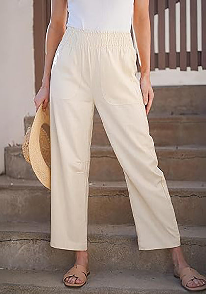 Light Beige Women's Casual High Waisted Lightweight Lounge Barrel Cropped Pants Soft Smocked Comfort Wear