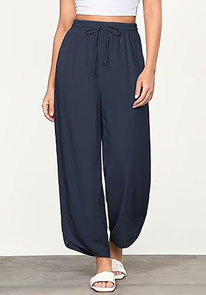 Navy Blue Women's Wide Leg Drawstring Harem Loose Permeable Palazzo Pant