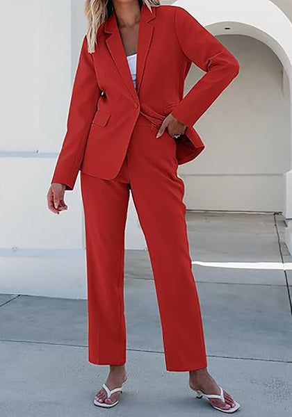 Red Women's Blazer Set Business Casual Full Fit Blazer Jackets and Straight Pant Suits with Pockets