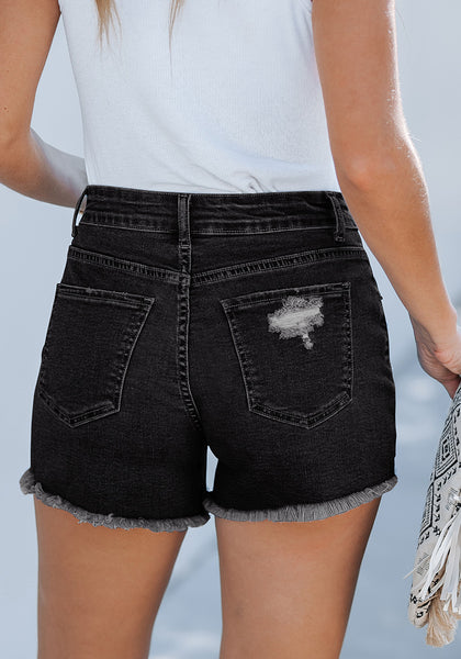 Washed Black Women's High Waisted Denim Distressed Jeans Shorts Frayed Raw Hem Ripped Shorts