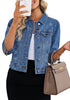 Medium Blue Women's Brief Vintage Distressed Stretchy Puff Sleeve Denim Jackets