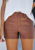 Brown Women's Comfy High Waisted Stretchy Faux Leather Denim Pants Shorts