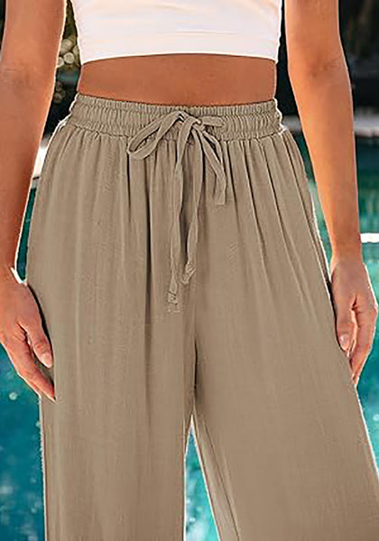 Light Taupe Relaxed Fit High Waisted Elastic Waist Wide Leg Drawstring Pocket Pant