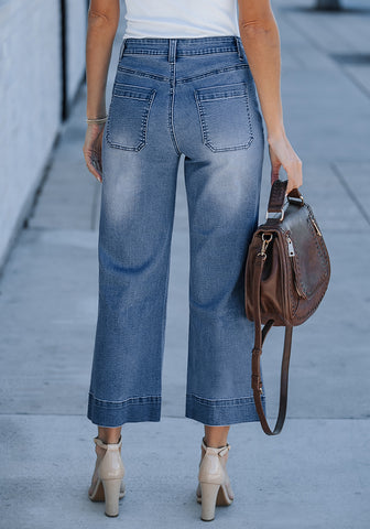Cobalt Blue 2024 Women's High Waisted Long Denim Wide Leg Pockets Cropped Pants Jeans Trouser