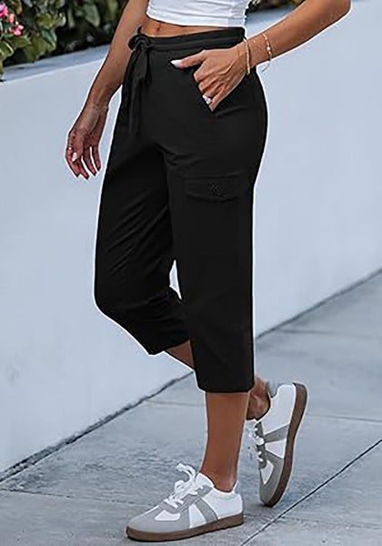 Women's Stretchy High Elastic Waist Wearable Tapered Short Cargo Capri Pants