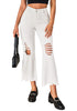Cream White Women's Crop Destroyed Flare High Waisted Denim Jeans Stretch Regular Fit