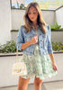 Azure Mood Women's Brief Vintage Distressed Stretchy Puff Sleeve Denim Jackets