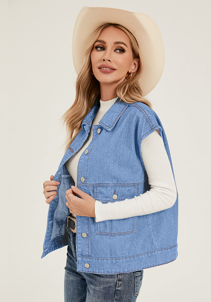 Medium Blue Women's Casual Oversized Button Down Sleeveless Jean Jacket with Pockets
