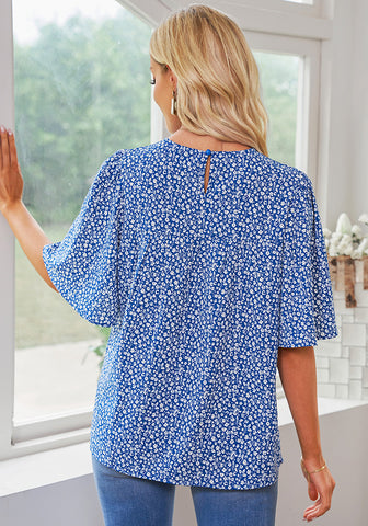 Blue Floral Women's Casual Floral Print Short Sleeve Flowy Babydoll Tops