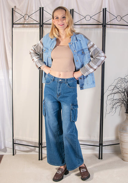 Light Wash + Gray Plaid Women's Denim Oversized Plaid Shacket Jacket Vintage Shirt Jackets