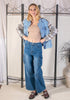 Light Wash + Gray Plaid Women's Denim Oversized Plaid Shacket Jacket Vintage Shirt Jackets