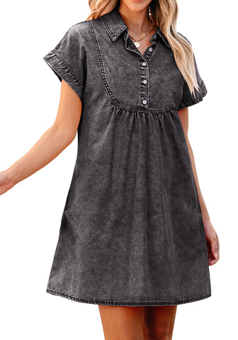 Smokey Gray Women's Short Sleeves Loose Denim Pull On Babydoll Short Dress