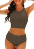 Coffee Brown Women's High Waisted Two Piece Bikini Sets Textured High Neck Racer Back Swimsuits