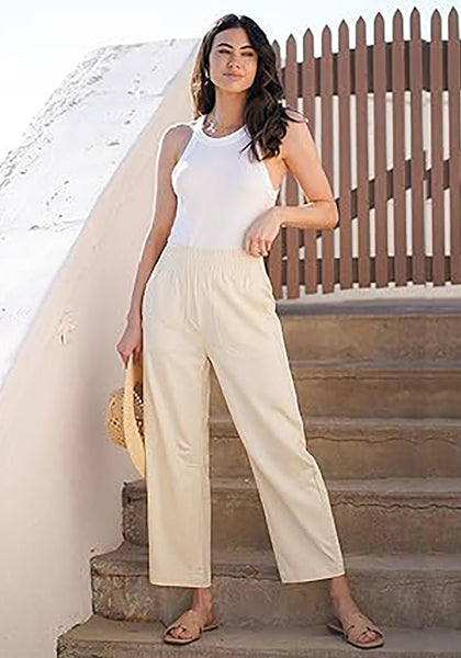 Light Beige Women's Casual High Waisted Lightweight Lounge Barrel Cropped Pants Soft Smocked Comfort Wear