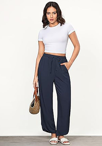 Navy Blue Women's Wide Leg Drawstring Harem Loose Permeable Palazzo Pant