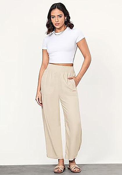 Light Beige Women's Casual High Waisted Lightweight Lounge Barrel Cropped Pants Soft Smocked Comfort Wear