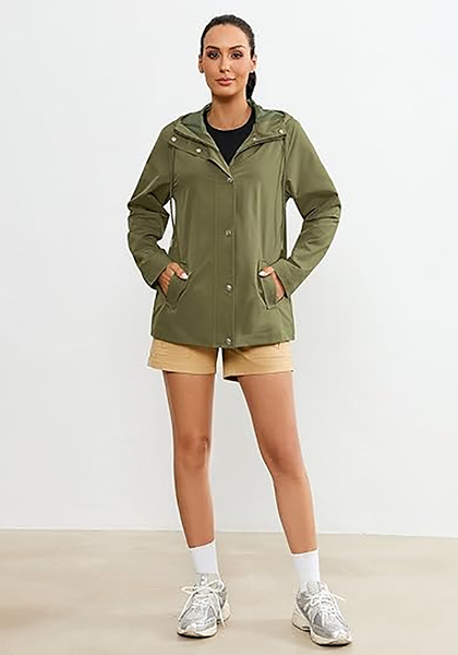 LookbookStore Women's Army Green Waterproof Lightweight Rain Jacket, Adjustable Hood Windbreaker Rain Coat for Hiking & Travel
