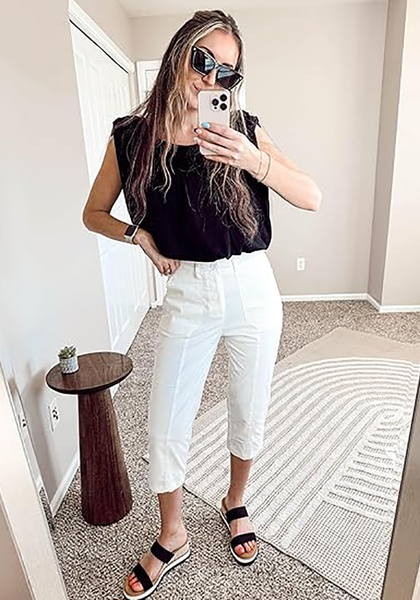 LookbookStore Women Cream White Utility Skimmer Capri Pants With Big Patched Pockets Back Elastic Waistband Ideal For Travel Daily Casual