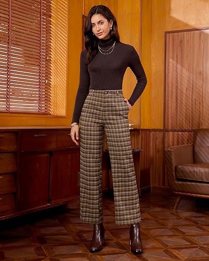 Brown & Yellow Plaid Palazzo Pants Women High Waist Wide Leg Trousers with Pockets Comfort Fall Winter Vintage Office