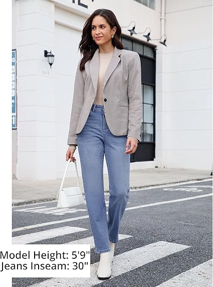 Medium Blue High Waist Denim Pants Straight Leg Comfort Stretch Jeans Full Length Jeans with Pockets Casual