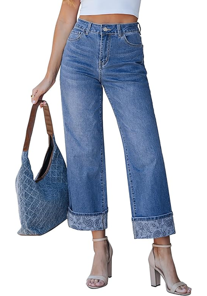 LookbookStore Women's Paisley Turquoise Blue High Waisted Cropped Wide Leg Jeans Trendy Printed Fold Hem Loose Straight Stretchy Denim Pants