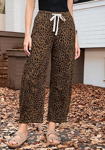 Women's Leopard Print Wide Leg Pants with Drawstring Elastic Waist Casual Loose Trousers for Summer Lounge & Vacation
