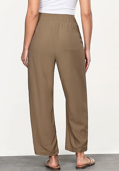 LookbookStore Mocha Brown Women's Casual High Waisted Lightweight Lounge Barrel Cropped Pants Soft Smocked Comfort Wear