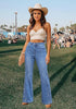 Medium Blue Women's High Waisted Flared Jeans Rhinestone Side Stripes Comfort Stretch Functional Pockets