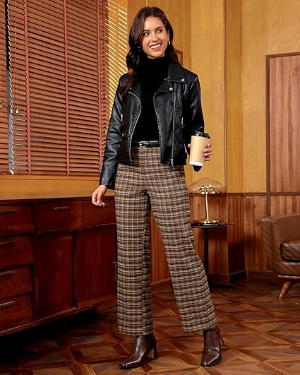 Brown & Yellow Plaid Palazzo Pants Women High Waist Wide Leg Trousers with Pockets Comfort Fall Winter Vintage Office