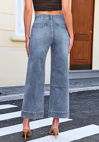 LookbookStore Women's Ocean Blue Cropped Wide Leg Jeans High Waisted Baggy Straight Stretch Denim Pants With Patch Pockets