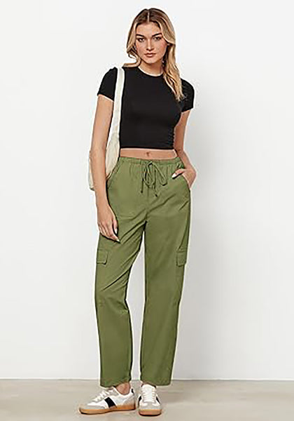 Olive Green Women's Relaxed Fit Drawstring Regular Full Length Hiking Casual Baggy Pant
