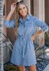 Indigo Skyblue Women's Fashion Brief Dress Casual Denim Button Down Long Sleeve Knee-Length Short Dress with Pockets
