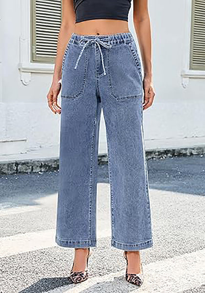 After Dust Blue Cropped Wide Leg High Waisted Drawstring Denim Jeans For Women