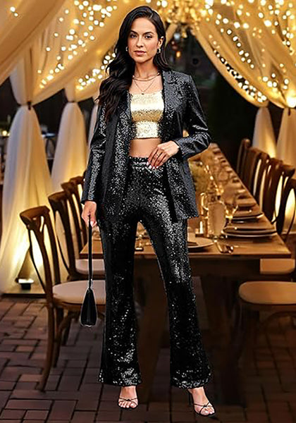 Women's High Shine Wide Leg Trousers Glitter Sequin Evening Pants Clubwear High Waist Glam