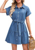 Medium Blue Women's Flowy Short Sleeve Button Down Denim Dress with Belt