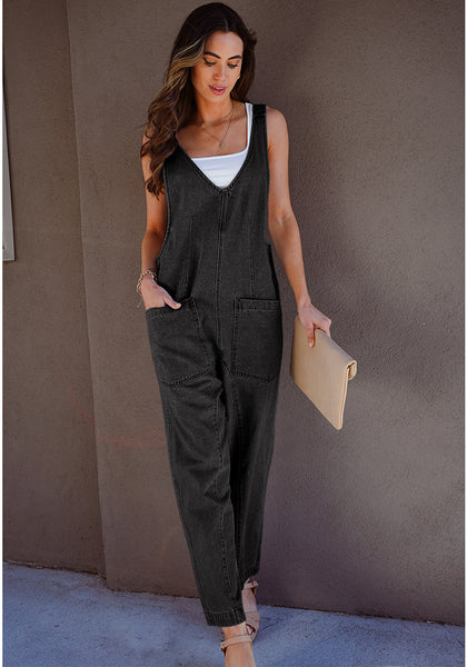 Washed Black Women's Casual Denim Low Scoop Neckline Jumpsuits With Adjustable Shoulder Pocket Cropped Overalls